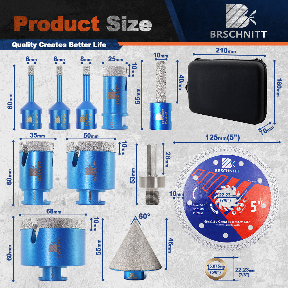 6-68mm Diamond Hole Saw Kit 11pcs Diamond Drill Set Chamfer Milling Bit 125mm Cutting Disc Adapter Tile Marble Granite Hole Saw Tools