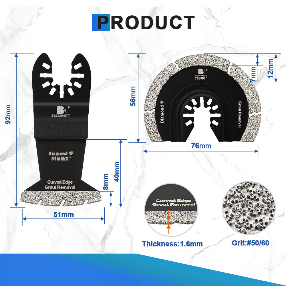 BRSCHNITT Diamond Grit Oscillating Saw Blades 2"/3" for Grout Removal Tile Cement Concrete