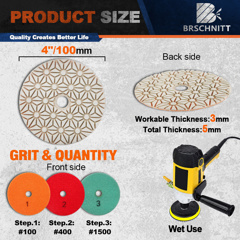 BRSCHNITT Dry & Wet 3-Step Diamond Polishing Pad Set for Granite Quartz Marble Stone Polishing