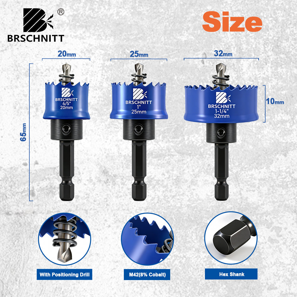 BRSCHNITT M42 Bi-Metal Hole Saw 20-32mm with Quick Change Hex Shank for Stainless Steel Metal Cutting