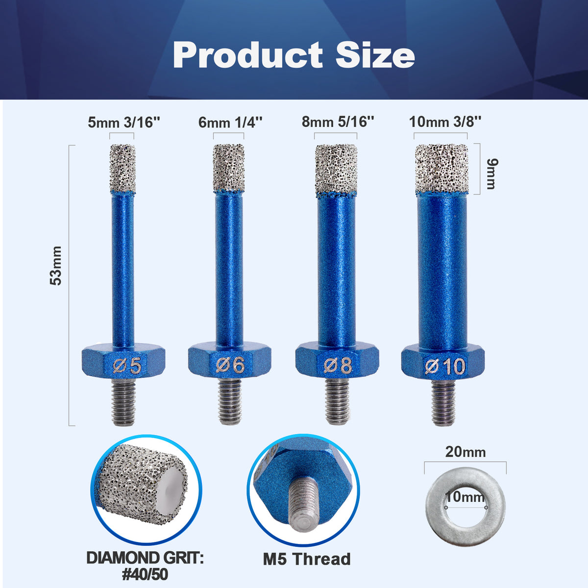 BRSCHNITT M5 Thread Diamond Dry Core Drill Bit 5-10mm for Porcelain Tile Granite Marble Vacuum Brazed