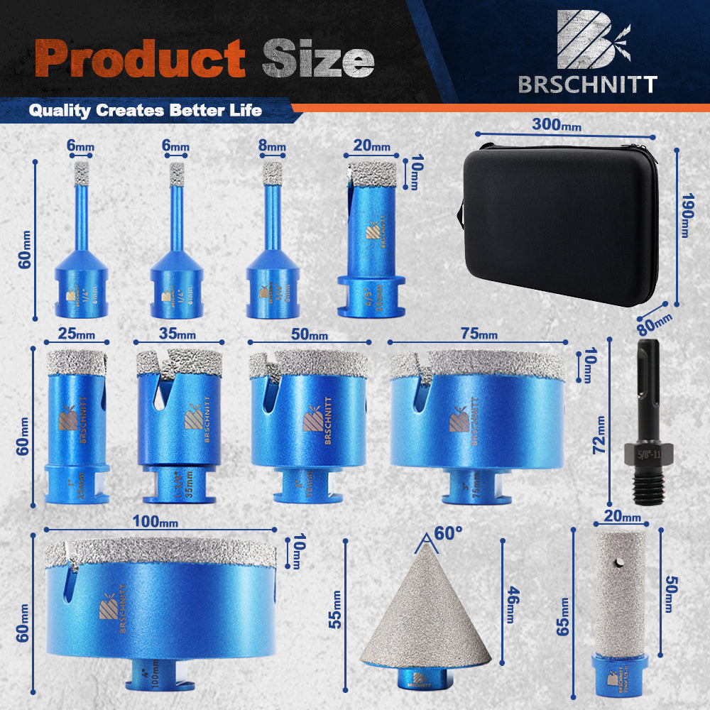 BRSCHNITT 6-100MM 12pcs/kit Diamond Core Drill Bit 5/8''-11 Milling Adapter for Tile Granite Marble Stone