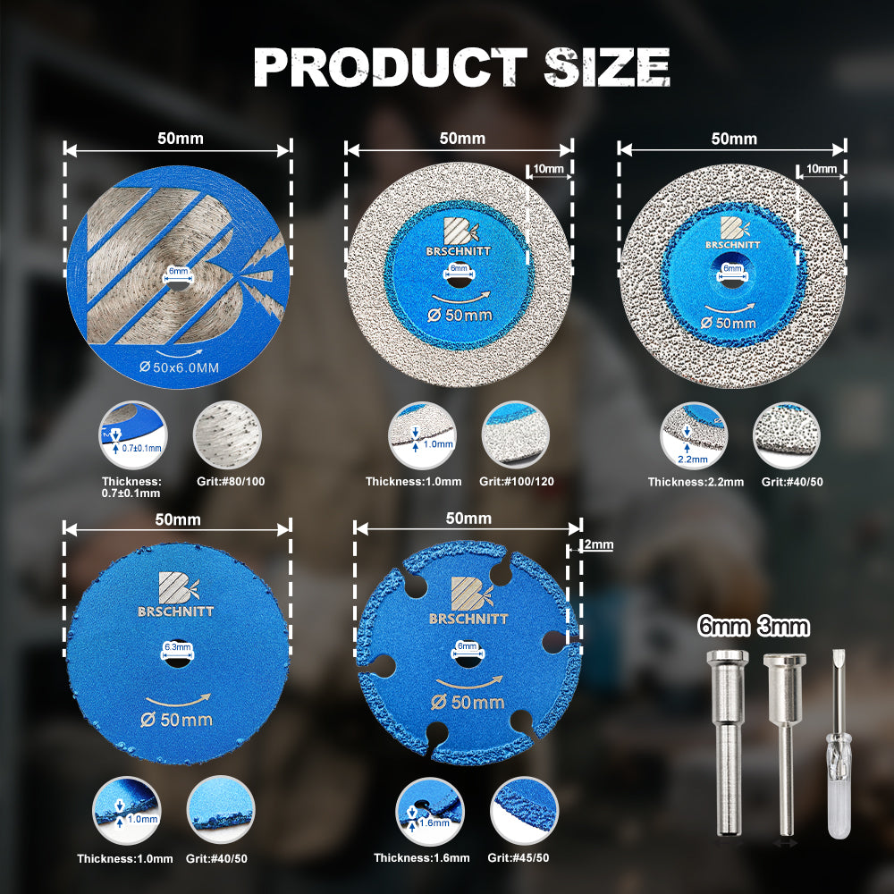BRSCHNITT 2" Mini Diamond Saw Blade Set 5pcs with 1/8" & 1/4" Shanks for Wood Metal Glass Stone