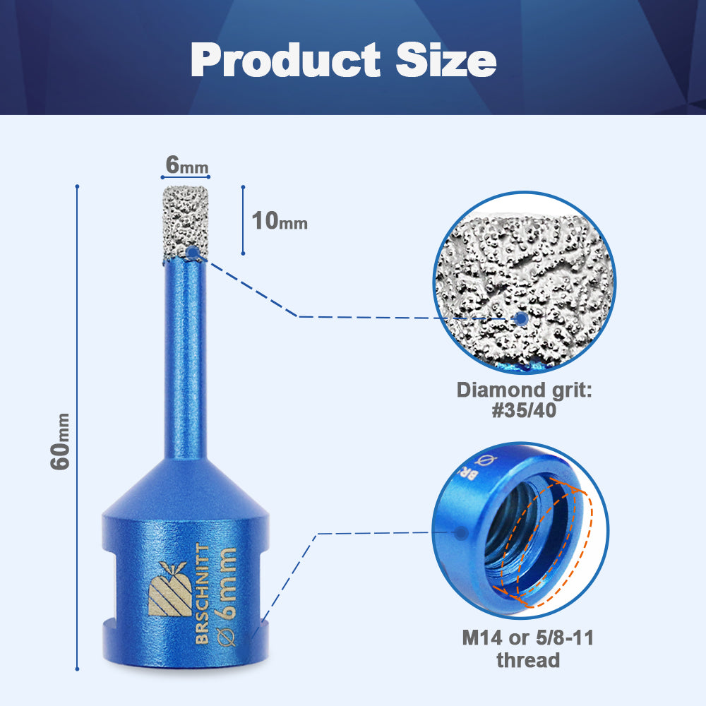 BRSCHNITT 2pcs 6mm Diamond Core Drill Bit M14 Vacuum Brazed Diamond Hole Saw  for Marble Granite Ceramic Porcelain Tile