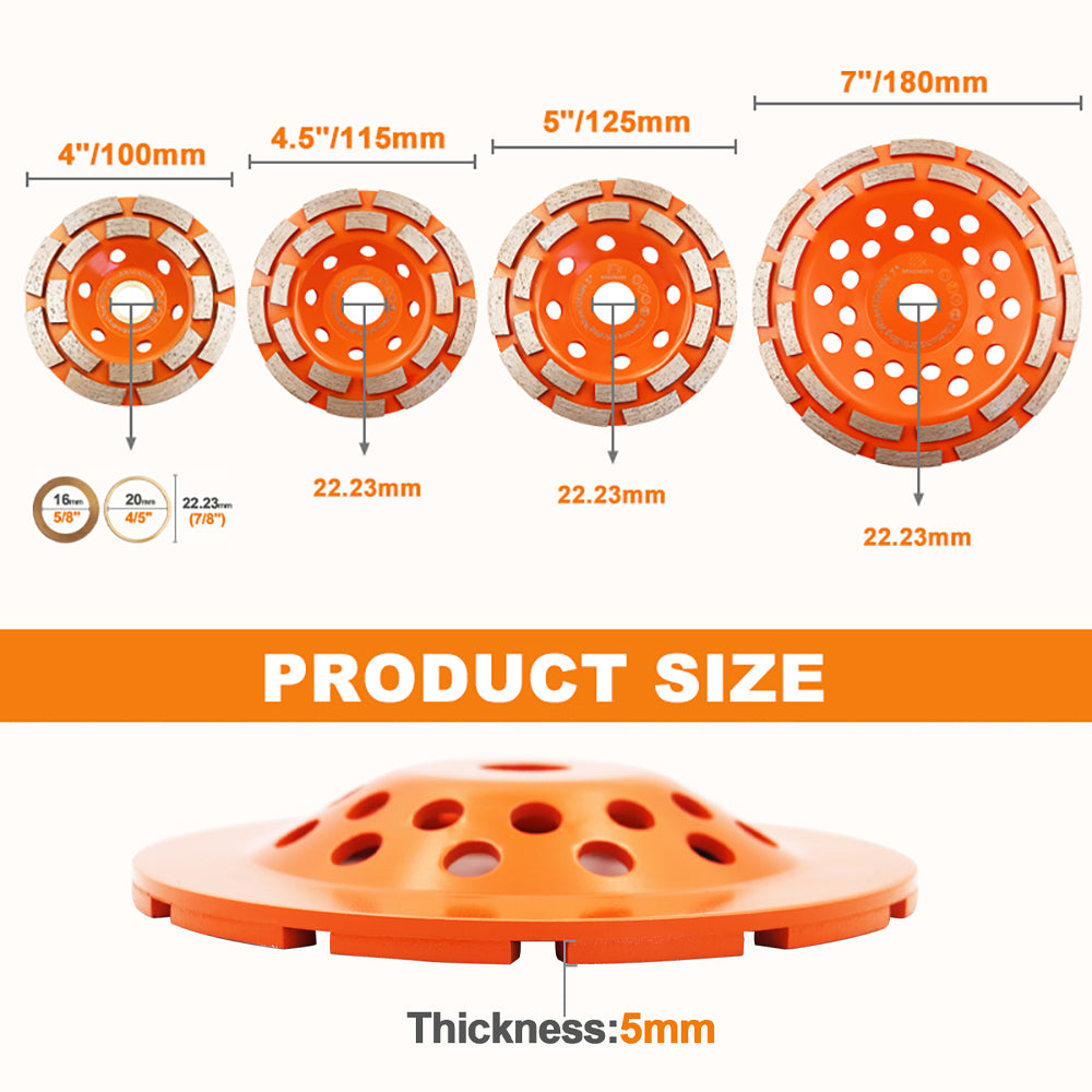 BRSCHNITT Diamond Grinding Cup Wheel Sintered Double Row 1pc Dia4"/4.5"/5"/7" Polishing Concrete Masonry Granite Marble