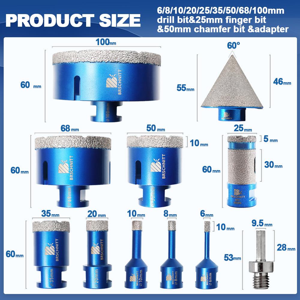 BRSCHNITT M14 Diamond Hole Saw Set 11pcs 6-100mm Core Bits with 50mm Chamfer Bit for Tile Stone