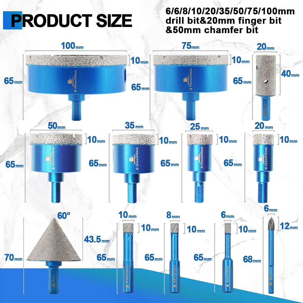 BRSCHNITT Triangle Shank Diamond Drill Bit Set 6-100mm with 20mm Finger Bit and 50mm Chamfer Bit for Tile Porcelain Granite Marble