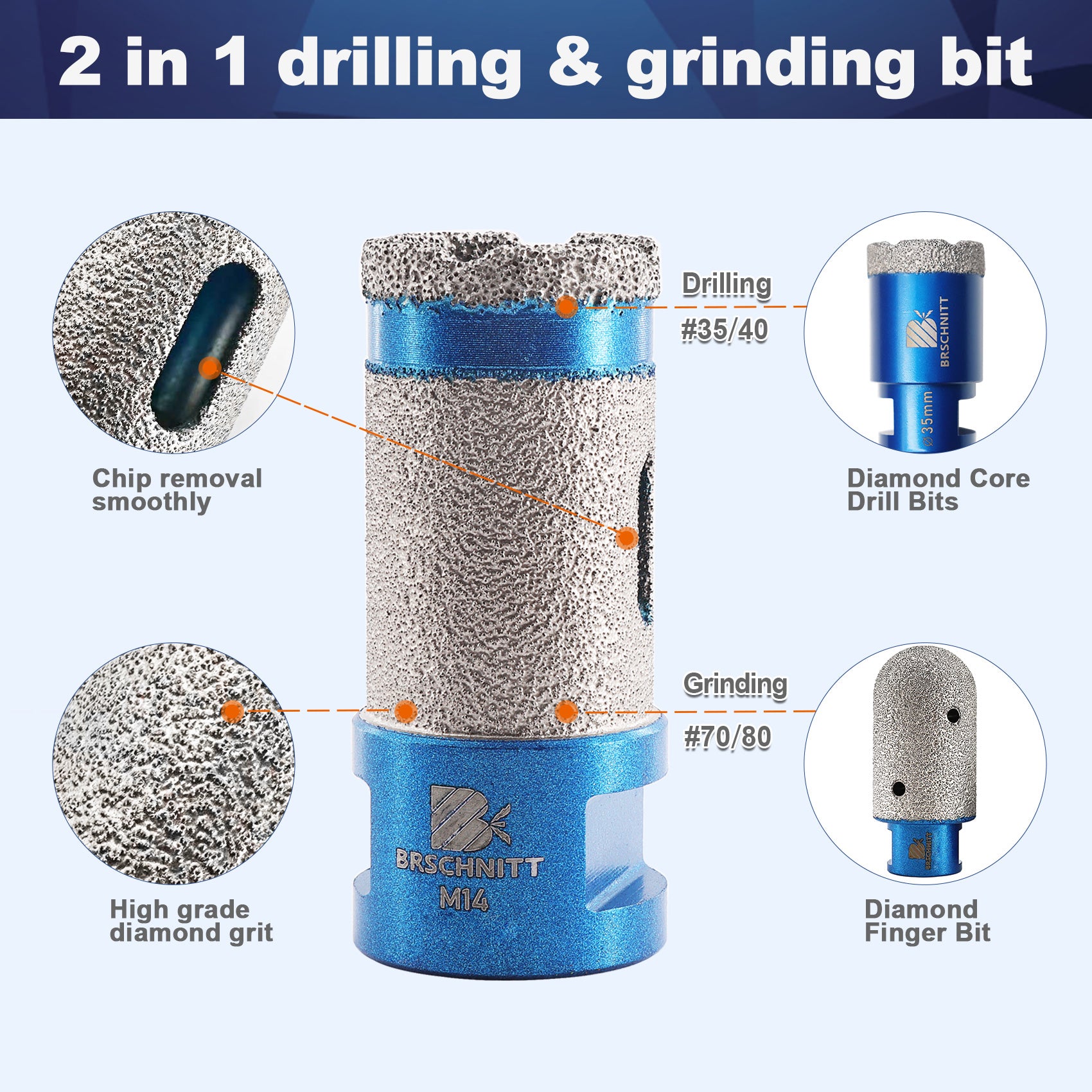 BRSCHNITT Diamond Drilling Milling Finger Bit 1pc or 2pcs Dia 20/25/35/50/68/75mm Enlarging the Hole Porcelain Ceramic Tile Granite Marble  Stone 5/8"-11 or M14 Thread